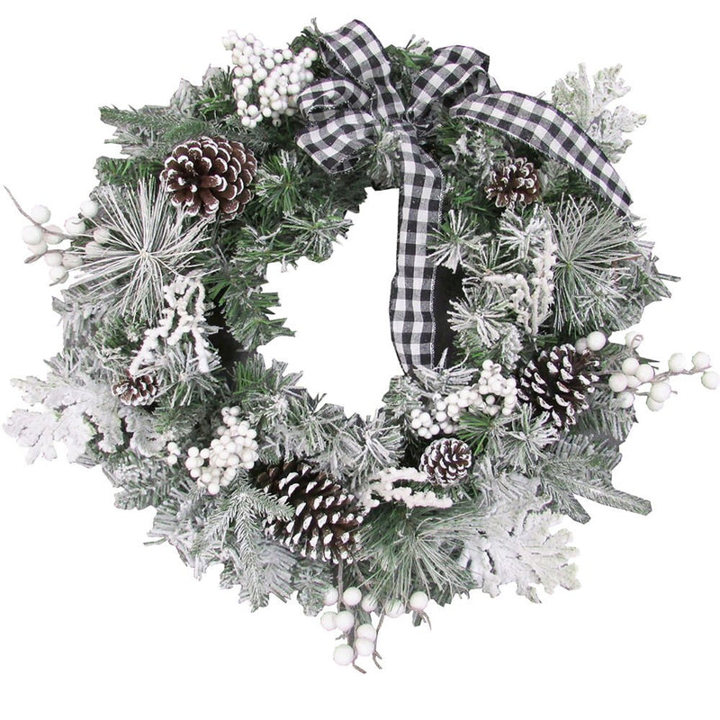 24" Berry/Pinecone/Plaid Ribbon Wreath on Mixed Pine