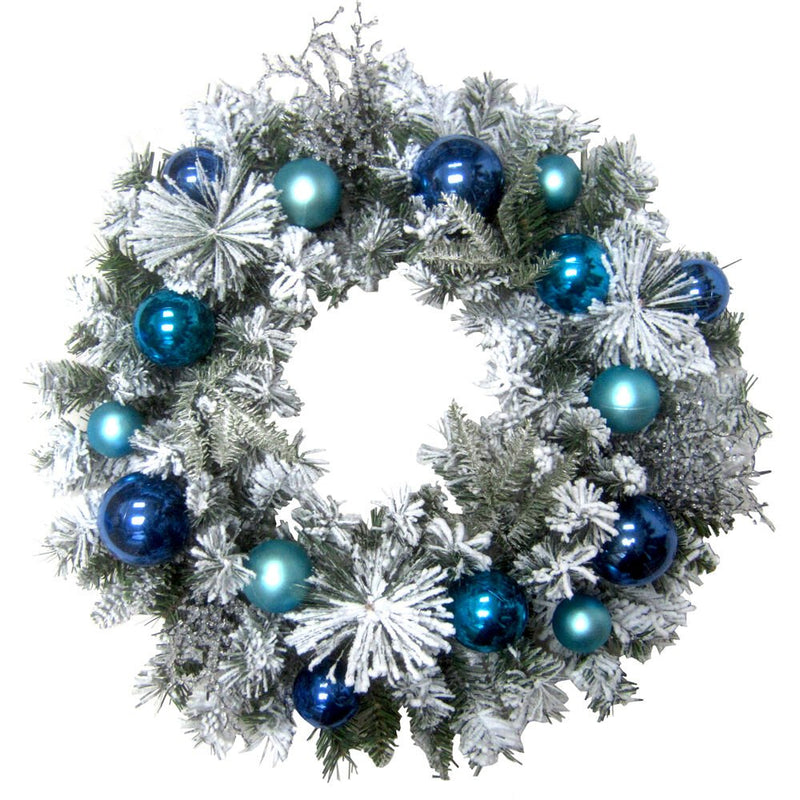 24" Aqua Blue Ornament/Berry Snowy Wreath on Mixed PVC