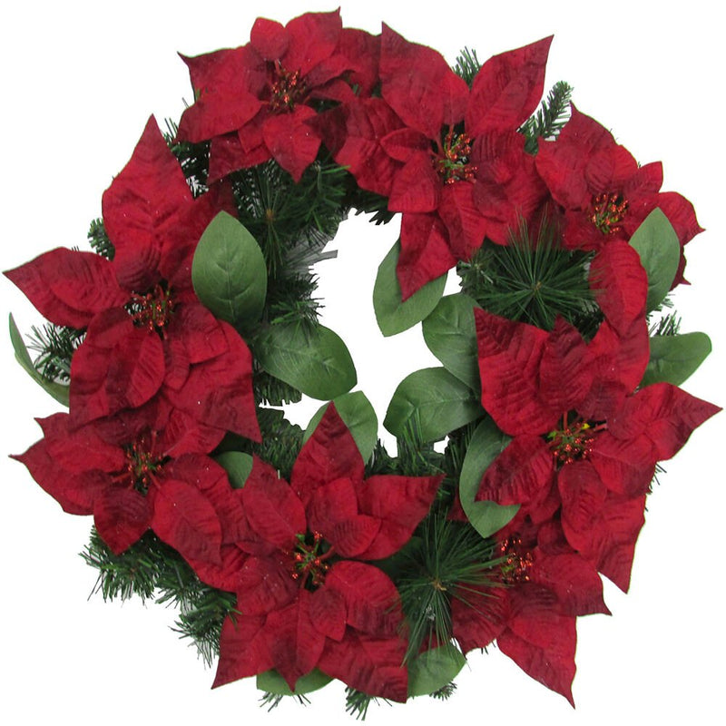 24" Velvet Poinsettia/Leaf Wreath on PVC