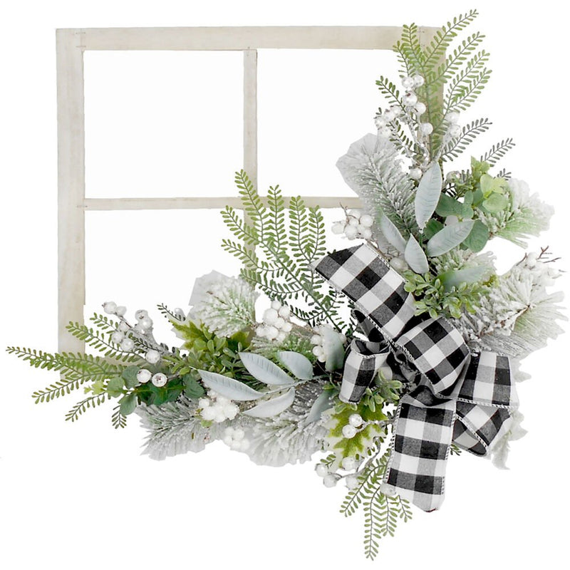 24" White Berry/Snowy Pine with Bow on Hanging Window Pane Frame