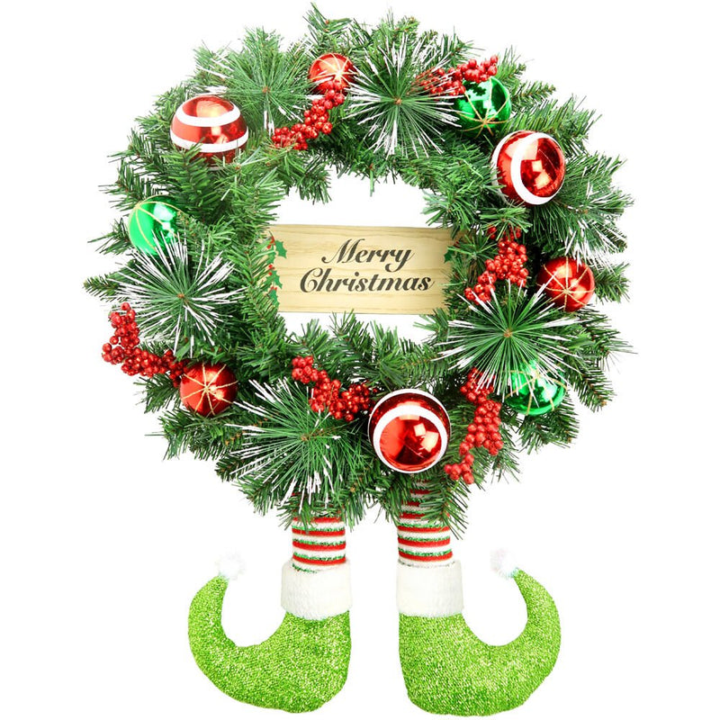 FHF 24" Elf Boot/Ball/Berry Pine Wreath with Merry Christmas Sign