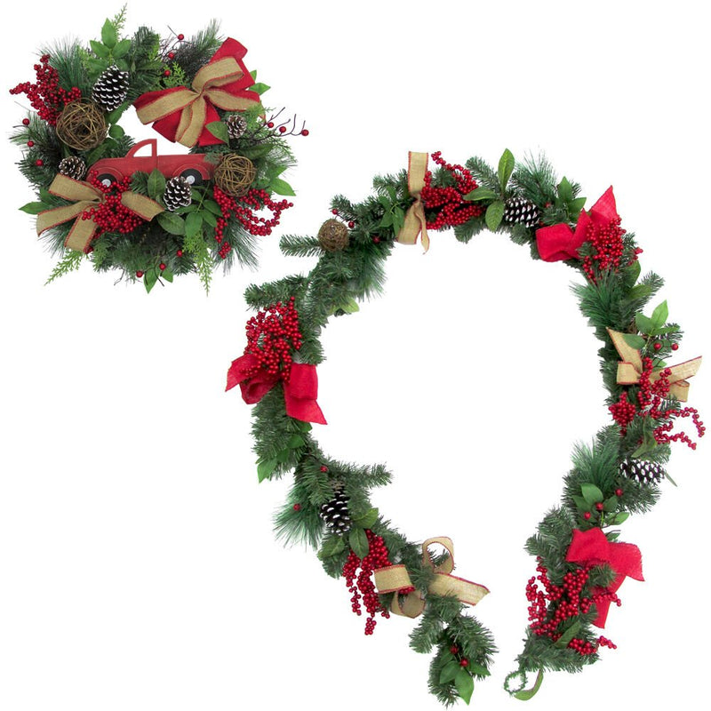 24" Wreath with Bows and Truck & 9-Ft Garland Set