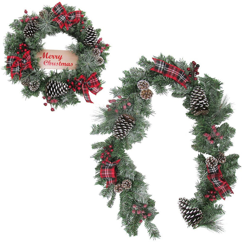 24' Snowy Pinecone/Red Berry Wreath and Garland Set