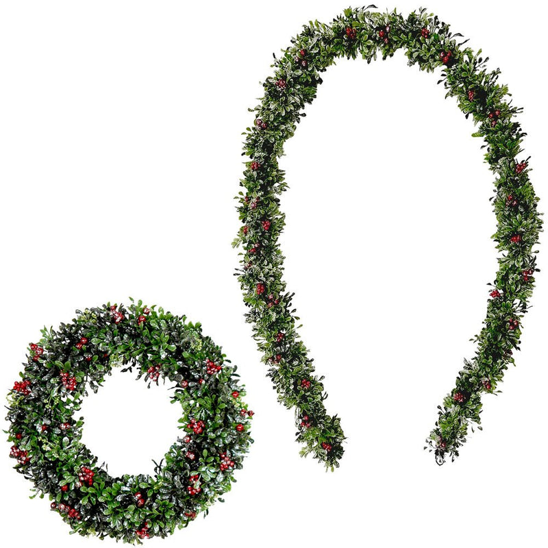 FHF 20" Wreath and 9' Garland - Boxwood w/ Berries