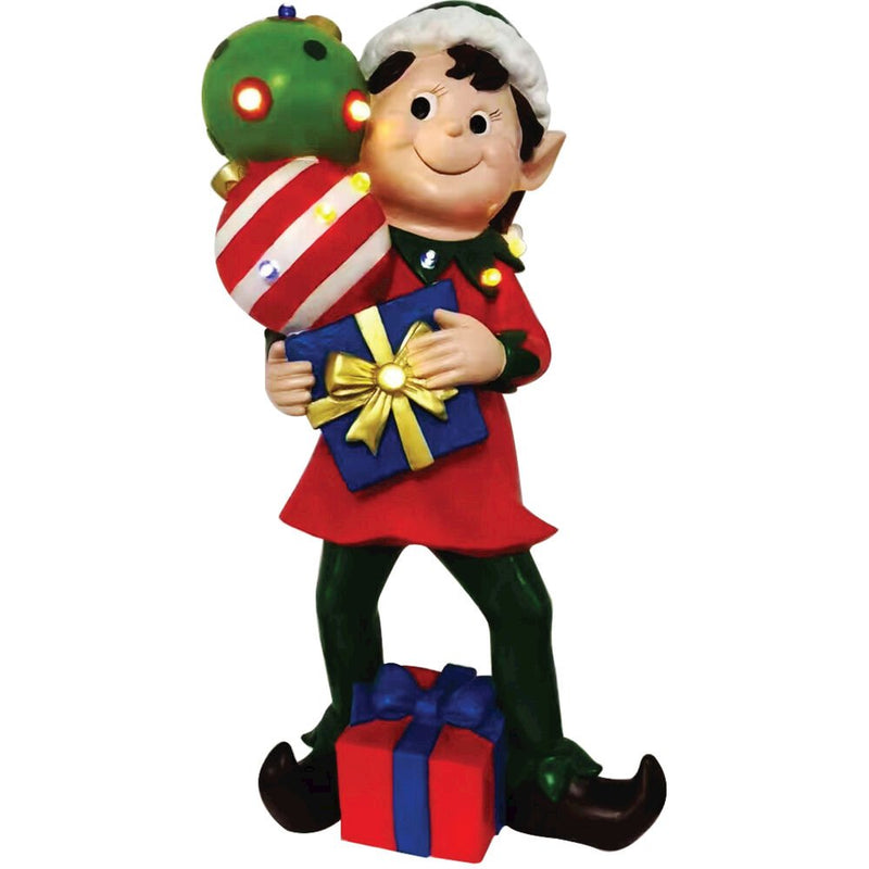 FHF 30" LED Elf Statue Holding Gift and Ornament Stack