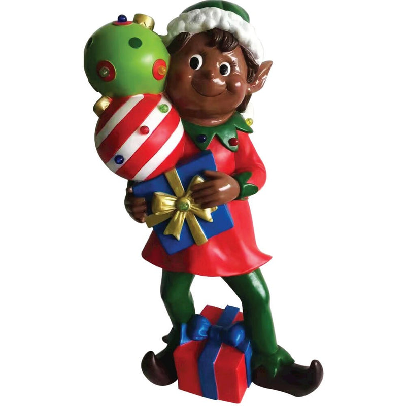 FHF 30" LED African American Elf Statue Holding Gift and Ornament Stack