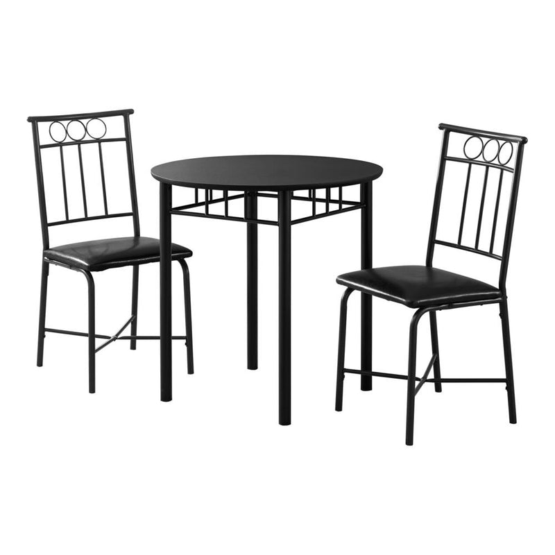 Dining Table Set, 3pcs Set, Small, 30 Round, Kitchen, Black Metal And Laminate