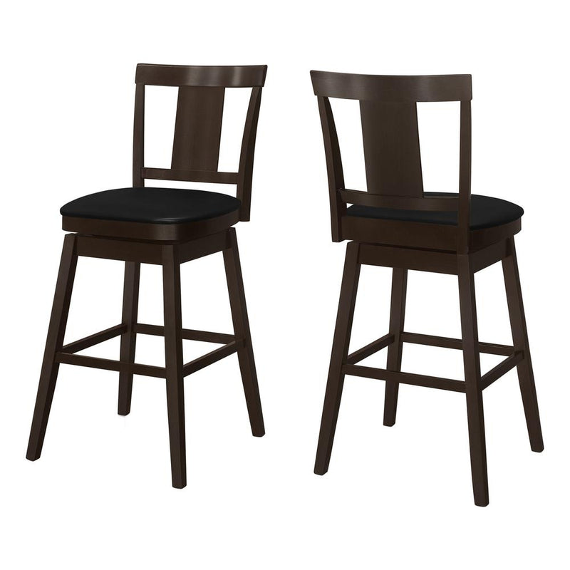 Bar Stool, Set Of 2, Swivel, Bar Height, Brown Wood, Black Leather Look