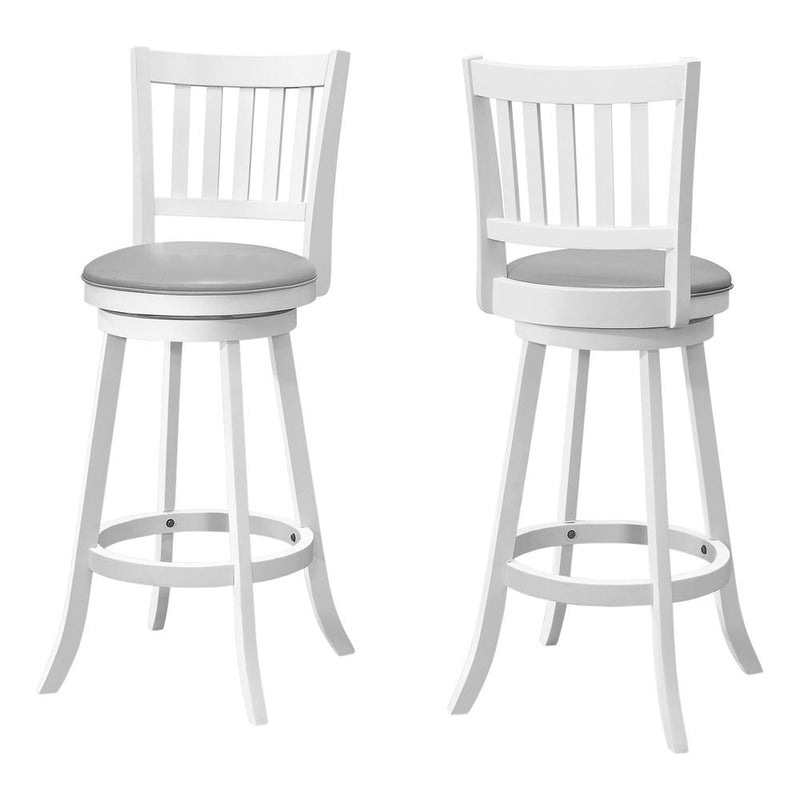 Bar Stool, Set Of 2, Swivel, Bar Height, White Wood, Grey Leather Look