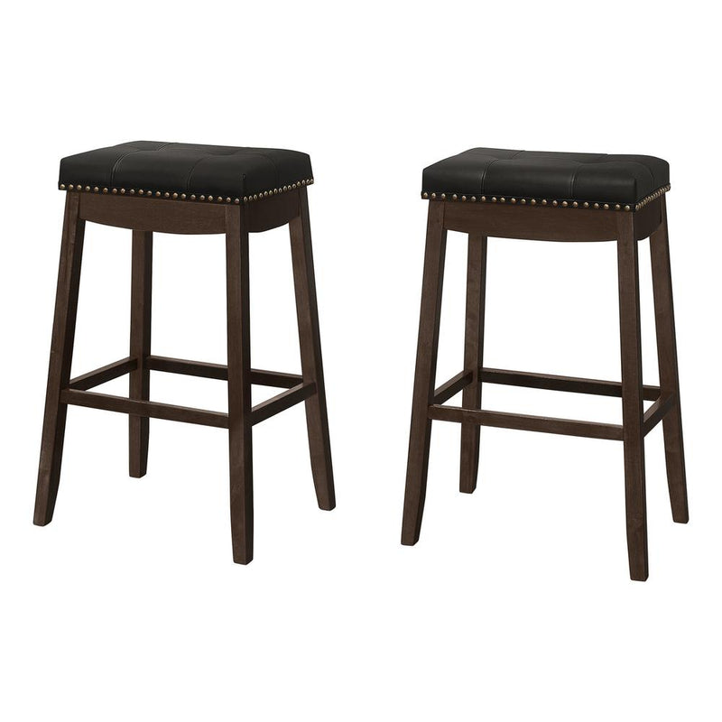 Bar Stool, Set Of 2, Bar Height, Saddle Seat, Brown Wood, Black Leather Look