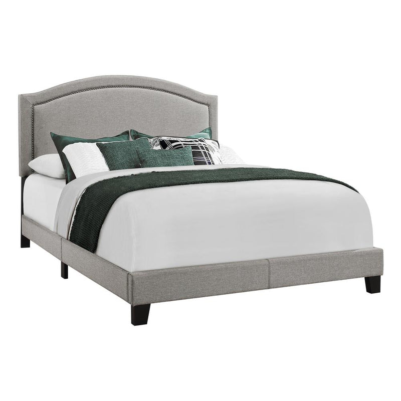 Bed, Queen Size, Bedroom, Upholstered, Grey Linen Look, Chrome Trim