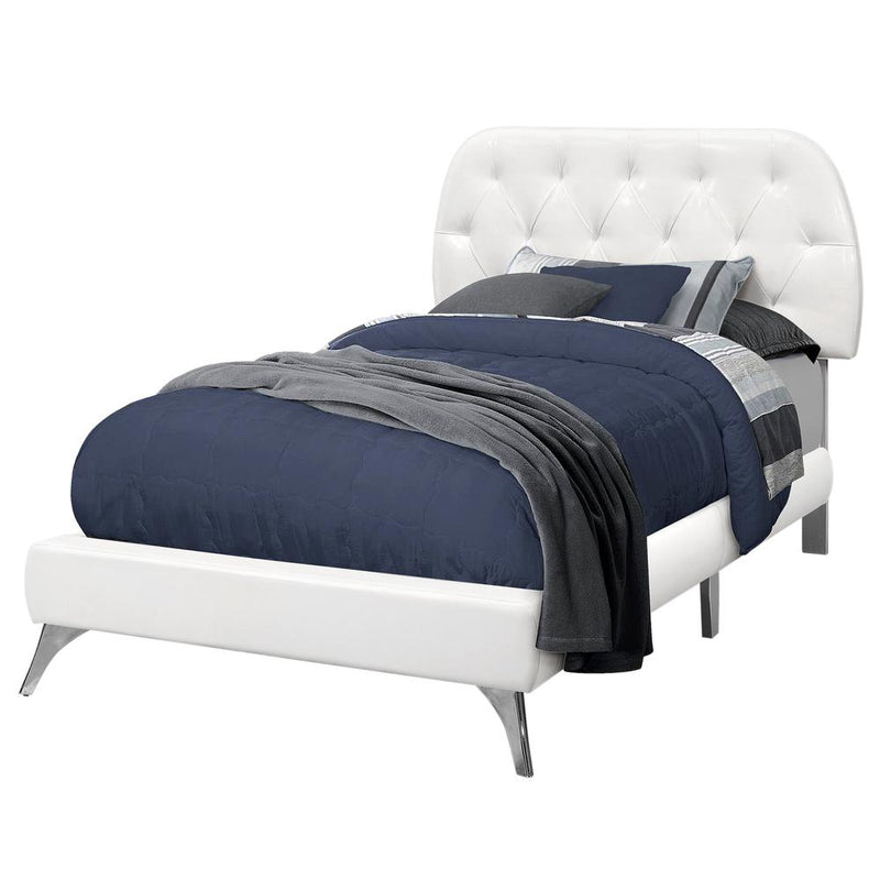 Bed, Twin Size, Teen, Upholstered, White Leather Look, Chrome Wood Legs