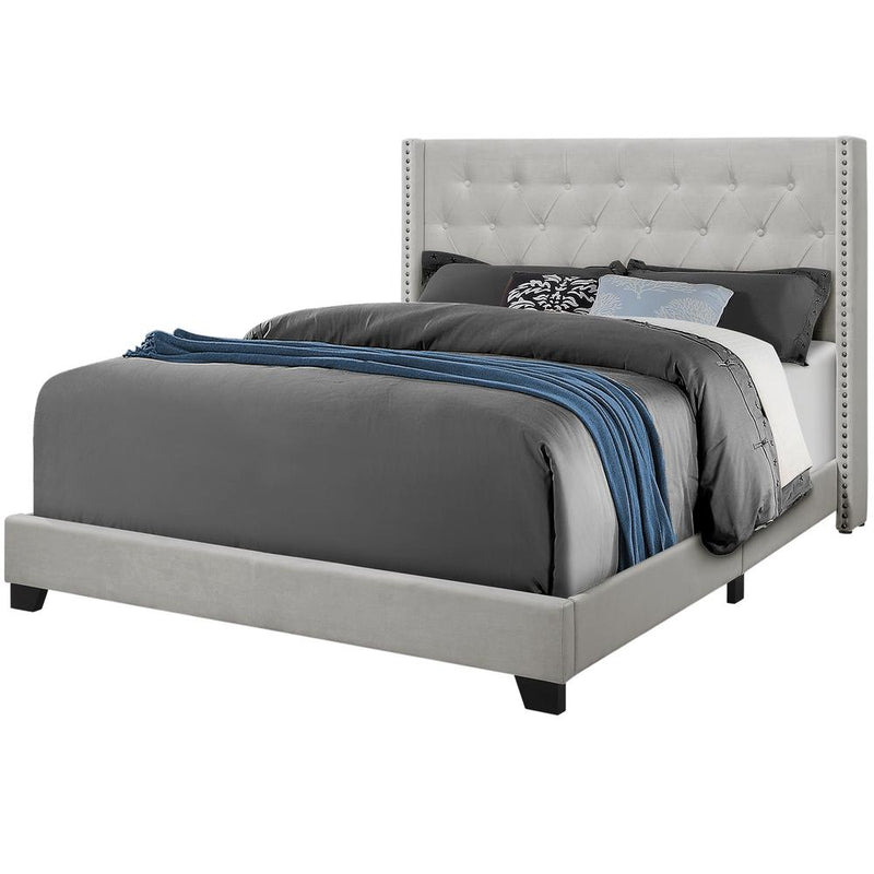 ="Bed, Queen Size, Bedroom, Upholstered, Grey Velvet, Chrome Trim, Transitional