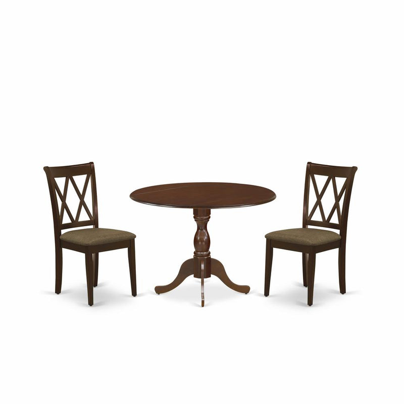 East West Furniture DMCL3-MAH-C 3 Piece Dining Room Set Consists of 1 Drop Leaves Dining Table and 2 Mahogany Linen Fabric Dining Room Chairs with Double X-Back - Mahogany Finish