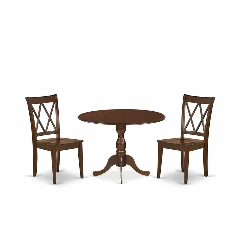 East West Furniture DMCL3-MAH-W 3 Piece Wood Dining Table Set Contains 1 Drop Leaves Dining Room Table and 2 Mahogany Dining Chairs with Double X-Back - Mahogany Finish