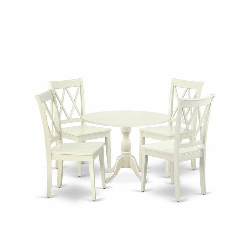 East West Furniture DMCL5-LWH-W 5 Piece Dinette Sets Contains 1 Drop Leaves Modern Dining Table and 4 Linen White Dining Room Chairs with Double X-Back - Linen White Finish