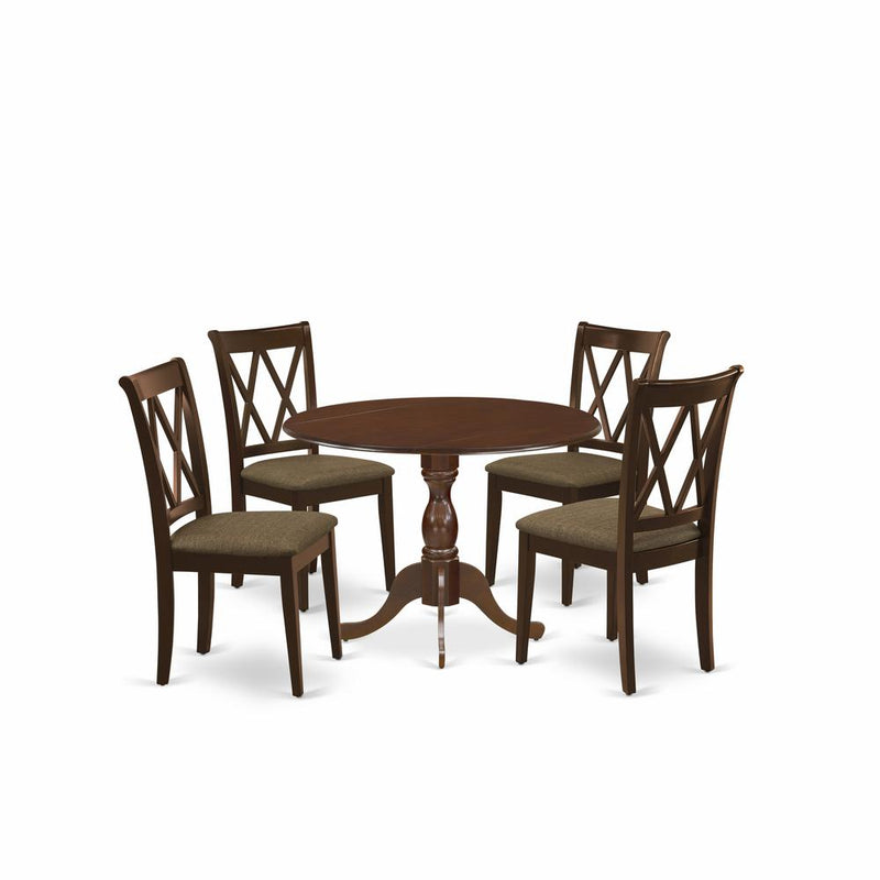 East West Furniture DMCL5-MAH-C 5 Piece Dinette Set Includes 1 Drop Leaves Dining Table and 4 Mahogany Linen Fabric Kitchen Chairs with Double X-Back - Mahogany Finish