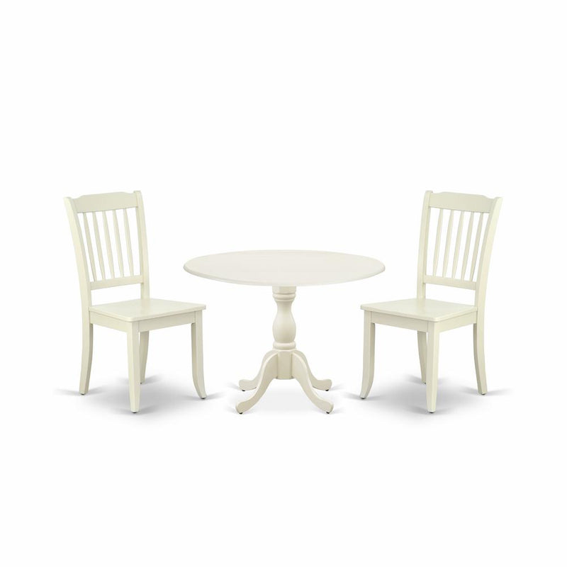 East West Furniture DMDA3-LWH-W 3 Piece Dining Table Set Consists of 1 Drop Leaves Wooden Dining Table and 2 Linen White Mid Century Modern Dining Chairs with Slatted Back - Linen White Finish