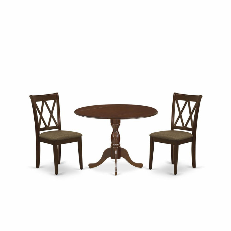 East West Furniture DMDA3-MAH-C 3 Piece Dining Table Set Includes 1 Drop Leaves Dining Room Table and 2 Mahogany Linen Fabric Dining Room Chairs with Slatted Back - Mahogany Finish