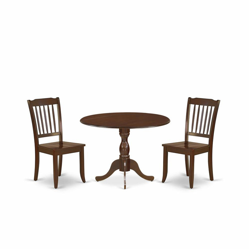 East West Furniture DMDA3-MAH-W 3 Piece Dining Table Set Consists of 1 Drop Leaves Dining Table and 2 Mahogany Mid Century Dining Chairs with Slatted Back - Mahogany Finish