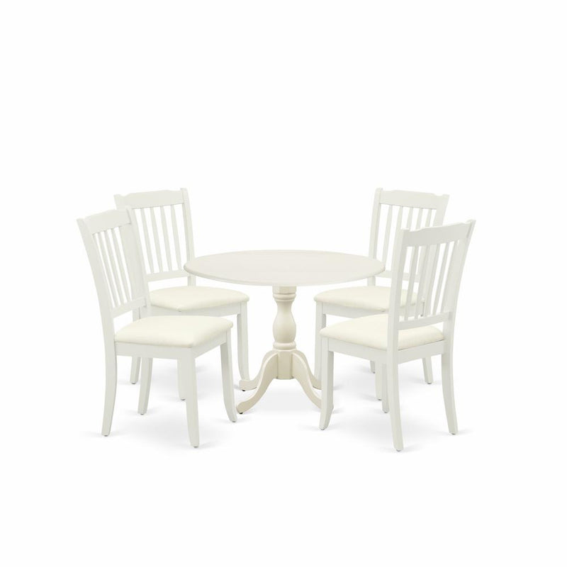 East West Furniture DMDA5-LWH-C 5 Piece Dining Room Set Consists of 1 Drop Leaves Dining Room Table and 4 Linen White Kitchen Chairs with Slatted Back - Linen White Finish