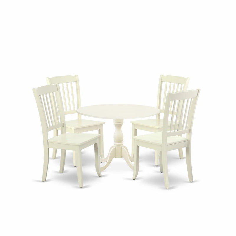 East West Furniture DMDA5-LWH-W 5 Piece Dining Room Table Set Consists of 1 Drop Leaves Dining Room Table and 4 Linen White Dinning Chairs with Slatted Back - Linen White Finish