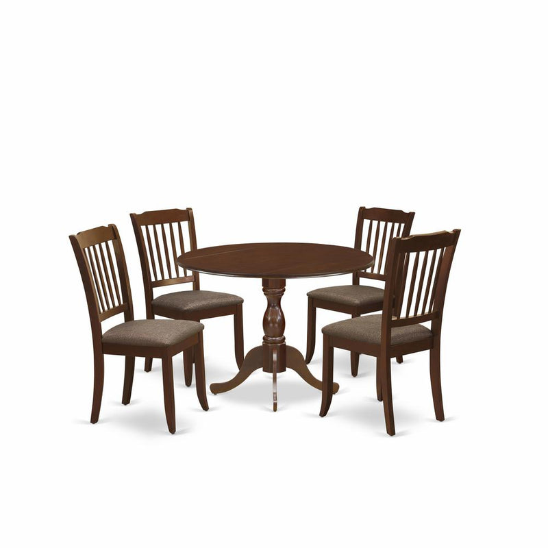 East West Furniture DMDA5-MAH-C 5 Piece Wood Dining Table Set Consists of 1 Drop Leaves Dining Table and 4 Mahogany Linen Fabric Dinning Room Chairs with Slatted Back - Mahogany Finish