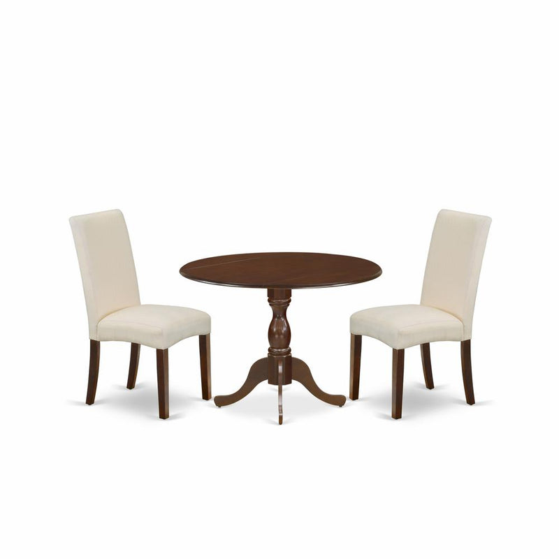 East West Furniture DMDR3-MAH-01 3 Piece Wooden Dining Table Set Includes 1 Drop Leaves Dining Table and 2 Cream Linen Fabric Upholstered Dining Chairs with High Back - Mahogany Finish