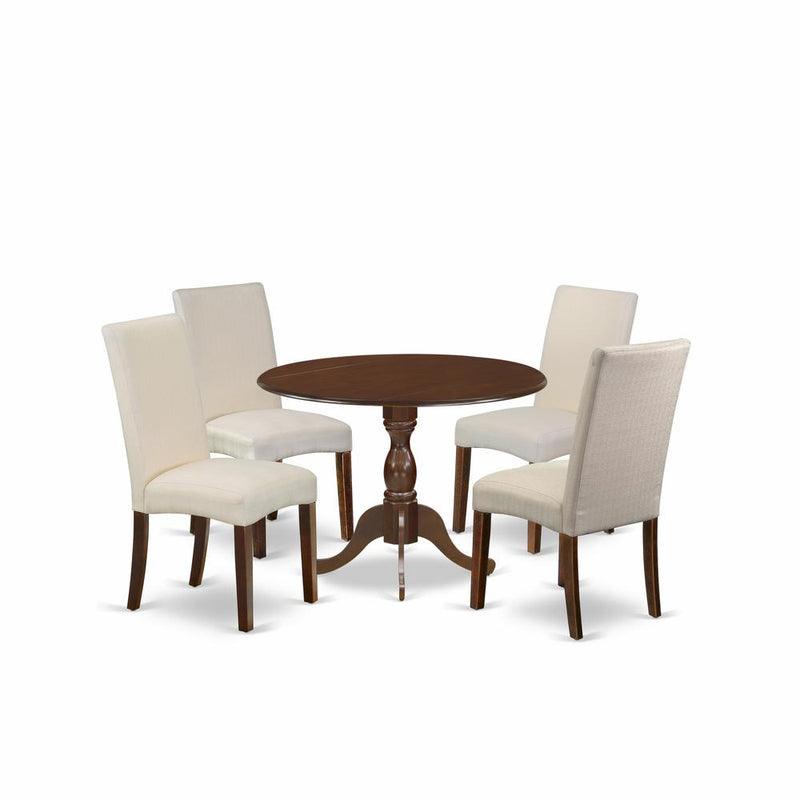 East West Furniture DMDR5-MAH-01 5 Piece Dining Set Consists of 1 Drop Leaves Dining Table and 4 Cream Linen Fabric Dinning Chairs with High Back - Mahogany Finish