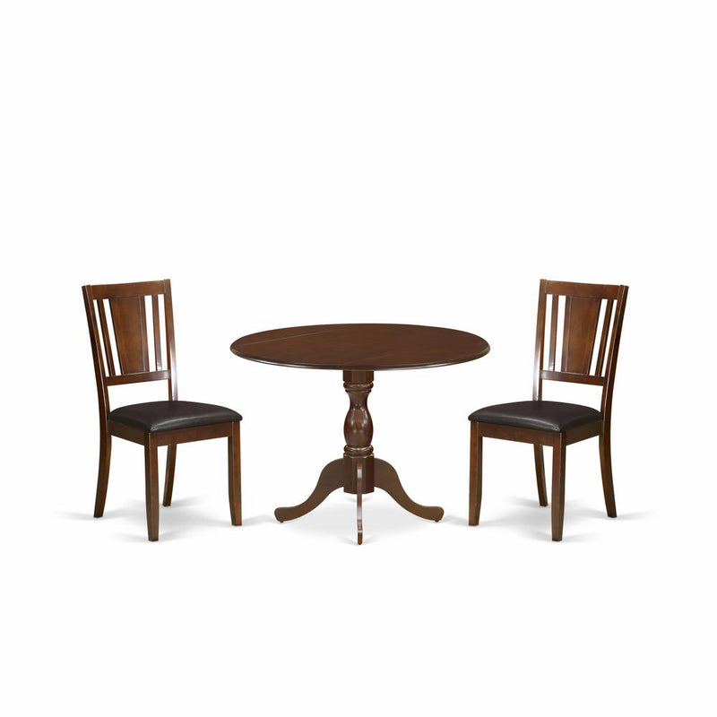 East West Furniture DMDU3-MAH-C 3 Piece Mid Century Dining Set Consists of 1 Drop Leaves Wooden Dining Table and 2 Mahogany Faux Leather Dining Chair with Panel Back - Mahogany Finish