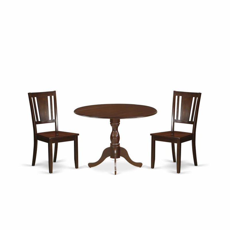 East West Furniture DMDU3-MAH-W 3 Piece Wood Dining Table Set Contains 1 Drop Leaves Wooden Table and 2 Mahogany Wooden Chairs with Panel Back - Mahogany Finish