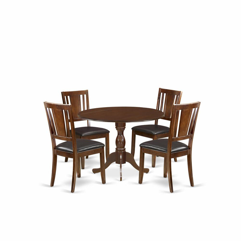 East West Furniture DMDU5-MAH-C 5 Piece Wood Dining Table Set Consists of 1 Drop Leaves Wooden Dining Table and 4 Mahogany Faux Leather Dining Chair with Panel Back - Mahogany Finish