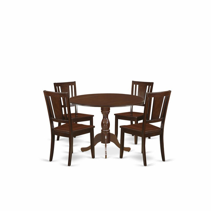 East West Furniture DMDU5-MAH-W 5 Piece Dinette Sets Includes 1 Drop Leaves Wooden Dining Table and 4 Mahogany Mid Century Modern Dining Chairs with Panel Back - Mahogany Finish