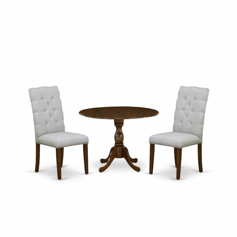 East West Furniture DMEL3-AWA-05 3 Piece Dinette Sets Contains 1 Drop Leaves Modern Kitchen Table and 2 Grey Linen Fabric Parsons Chair Button Tufted Back with Nail Heads - Acacia Walnut Finish