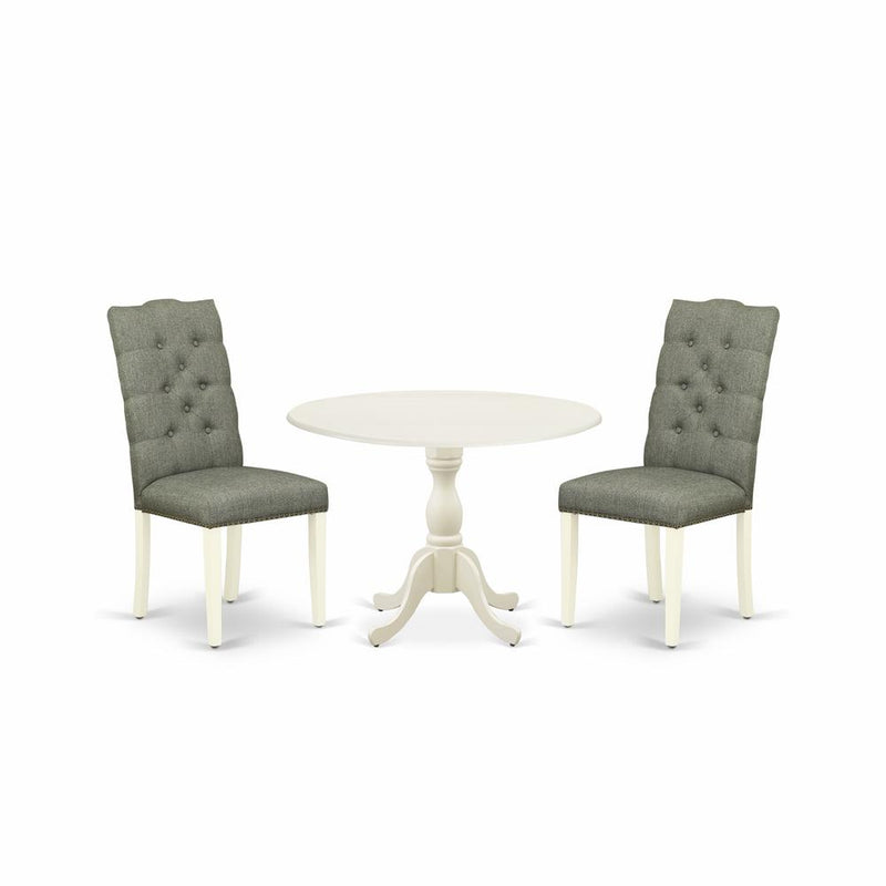 East West Furniture DMEL3-LWH-07 3 Piece Dining Room Set Consists of 1 Drop Leaves Dining Table and 2 Smoke Linen Fabric Parson Dining Chairs Button Tufted Back with Nail Heads - Linen White Finish