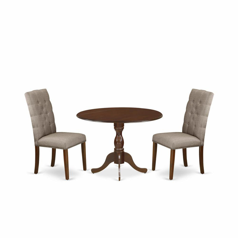 East West Furniture DMEL3-MAH-16 3 Piece Dining Table Set Consists of 1 Drop Leaves Dining Table and 2 Dark Khaki Linen Fabric Parson Chairs Button Tufted Back with Nail Heads - Mahogany Finish