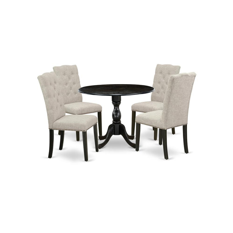 East West Furniture DMEL5-ABK-35 5 Piece Dining Table Set Consists of 1 Drop Leaves Modern Kitchen Table and 4 Doeskin Linen Fabric Dinning Chairs with High Back - Wire Brushed Black Finish