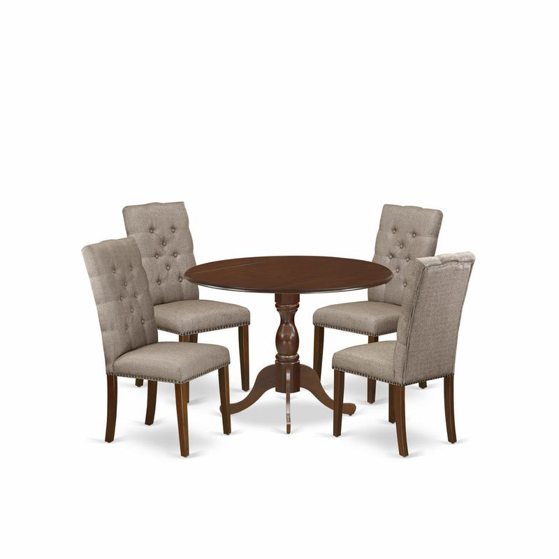 East West Furniture DMEL5-MAH-16 5 Piece Dining Set Includes 1 Drop Leaves Wooden Table and 4 Dark Khaki Linen Fabric Parsons Chair Button Tufted Back with Nail Heads - Mahogany Finish