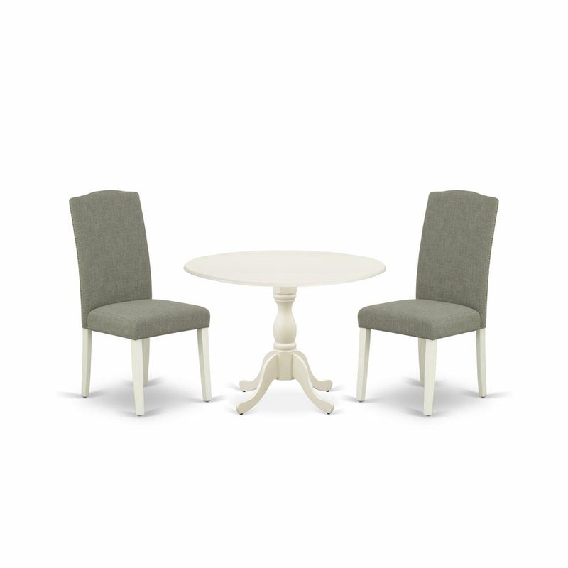 East West Furniture DMEN3-LWH-06 3 Piece Dinette Sets Contains 1 Drop Leaves Wooden Table and 2 Dark Shitake Linen Fabric Parsons Chair High Back with Nail Heads - Linen White Finish