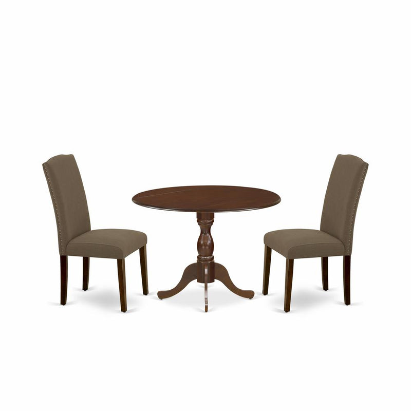 East West Furniture DMEN3-MAH-18 3 Piece Dining Room Set Includes 1 Drop Leaves Dining Table and 2 Dark Coffee Linen Fabric Upholstered Chair High Back with Nail Heads - Mahogany Finish