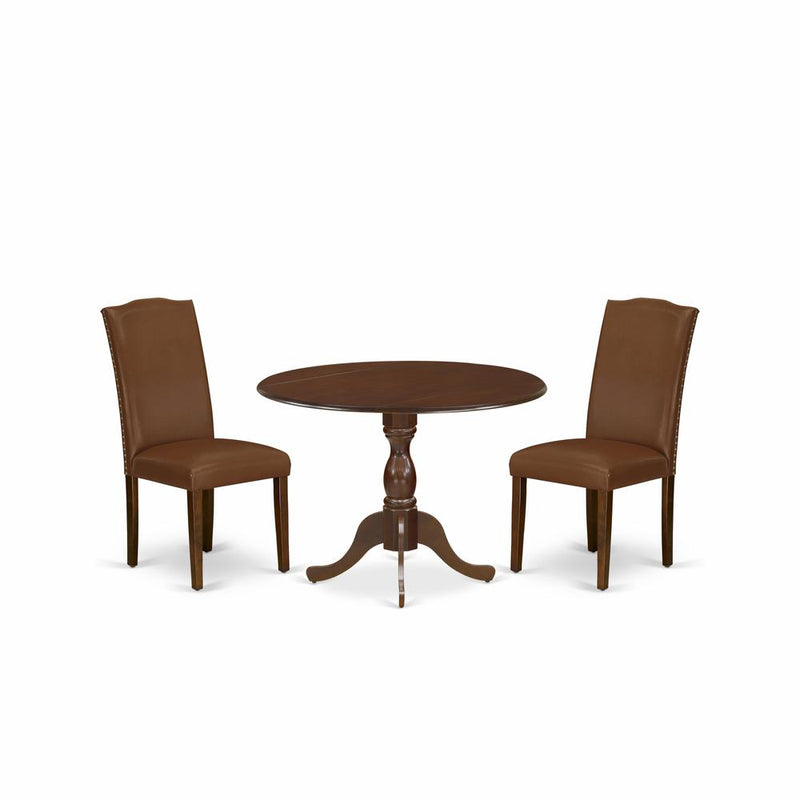 East West Furniture DMEN3-MAH-66 3 Piece Modern Dining Table Set Consists of 1 Drop Leaves Wooden Dining Table and 2 Brown Faux Leather Dining Chairs High Back with Nail Heads - Mahogany Finish