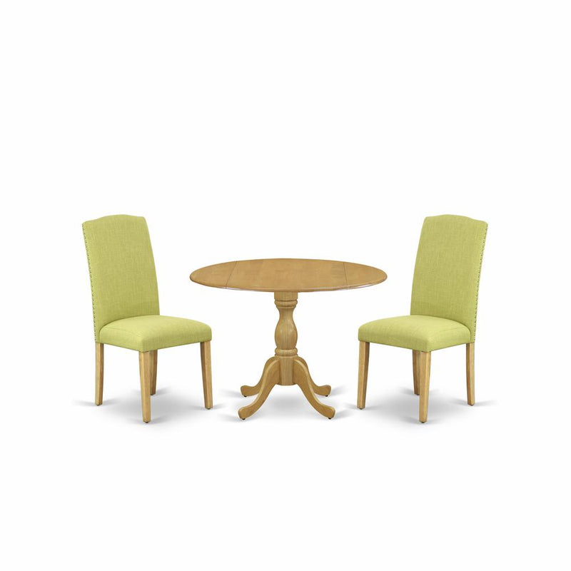 East West Furniture DMEN3-OAK-07 3 Piece Dining Room Set - Oak Small Dining Table and 2 Limelight Linen Fabric Dining Room Chairs with High Back - Oak Finish