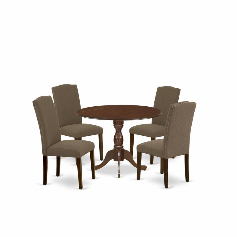 East West Furniture DMEN5-MAH-18 5 Piece Dining Table Set Consists of 1 Drop Leaves Wood Dining Table and 4 Dark Coffee Linen Fabric Upholstered Chair High Back with Nail Heads - Mahogany Finish