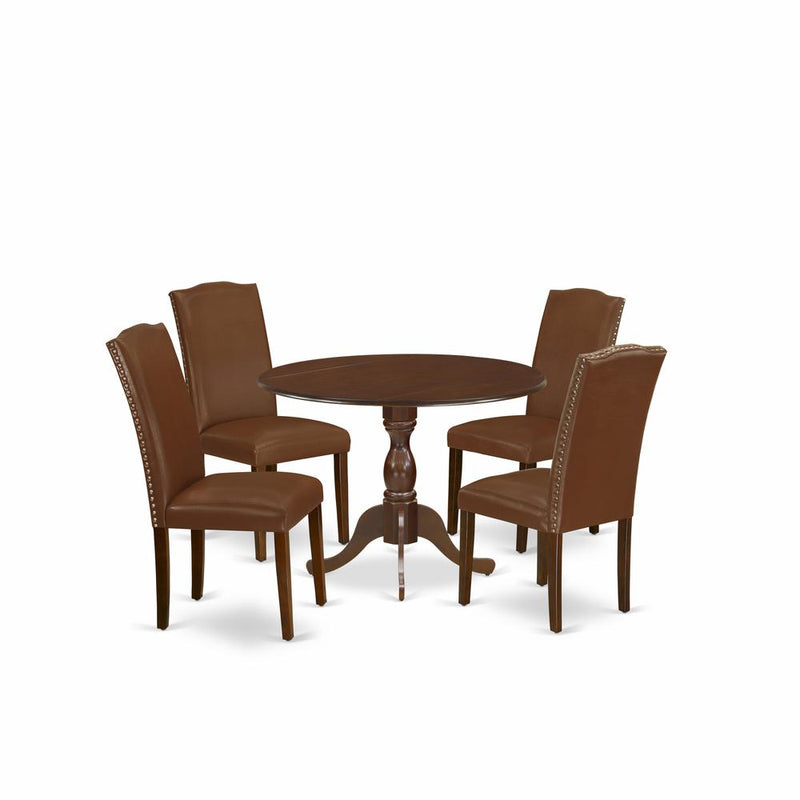 East West Furniture DMEN5-MAH-66 5 Piece Kitchen Table Set Consists of 1 Drop Leaves Dining Table and 4 Brown Faux Leather Dinning Chairs High Back with Nail Heads - Mahogany Finish