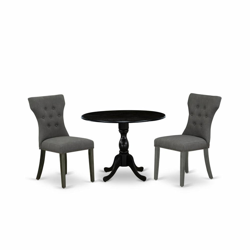 East West Furniture DMGA3-ABK-50 3 Piece Dining Set Contains 1 Drop Leaves Table and 2 Dark Gotham Grey Linen Fabric Dining Chairs Button Tufted Back with Nail Heads - Wire Brushed Black Finish