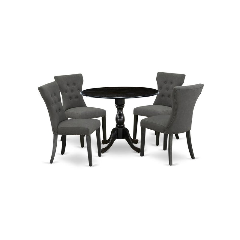 East West Furniture DMGA5-ABK-50 5 Pc Dining Set Includes 1 Drop Leaves Table and 4 Dark Gotham Grey Linen Fabric Dining Chair Button Tufted Back with Nail Heads - Wire Brushed Black Finish