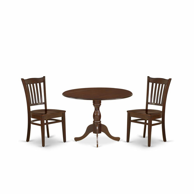 East West Furniture DMGR3-MAH-W 3 Piece Dining Room Table Set - Mahogany Small Dining Room Table and 2 Wooden Dining Chairs with Slatted Back - Mahogany Finish