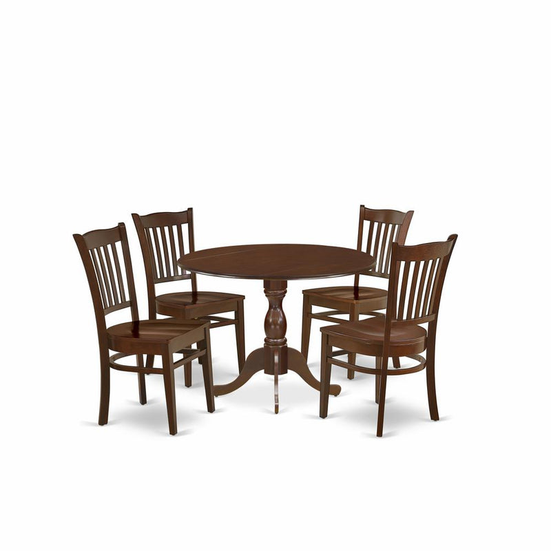 East West Furniture DMGR5-MAH-W 5 Piece Dropleaf Kitchen Dining Table Set - Mahogany Small Kitchen Table and 4 Dining Room Chairs with Slatted Back - Mahogany Finish