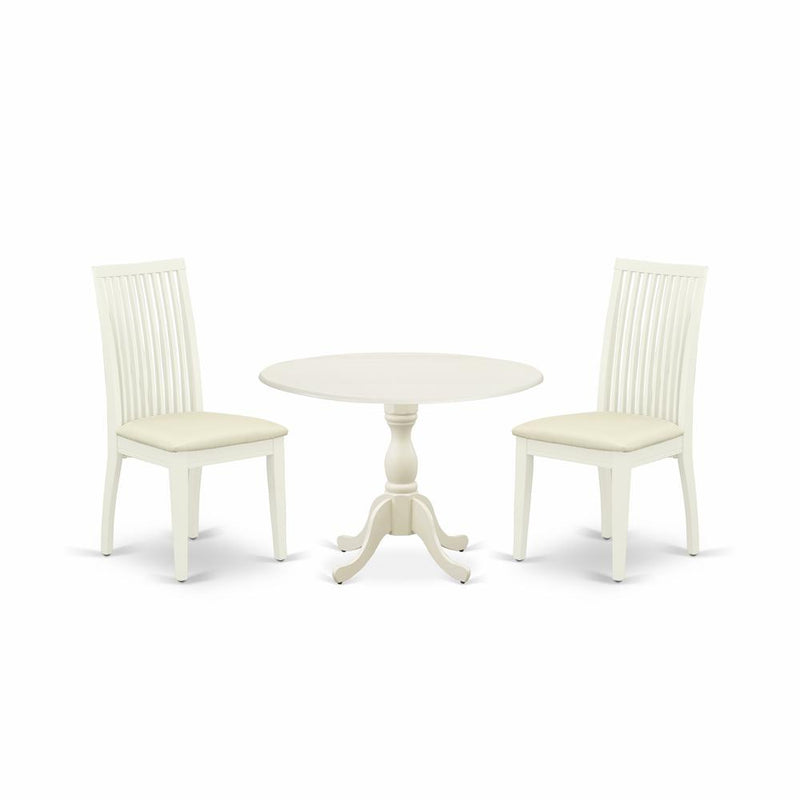 East West Furniture DMIP3-LWH-C 3 Piece Dining Room Table Set Contains 1 Drop Leaves Dining Room Table and 2 Linen White Dining Room Chairs with Slatted Back - Linen White Finish