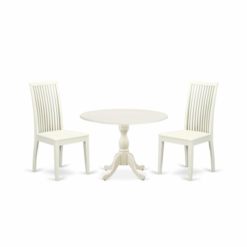 East West Furniture DMIP3-LWH-W 3 Piece Dinette Set Contains 1 Drop Leaves Dining Room Table and 2 Black Dinning Chairs with Slatted Back - Linen White Finish